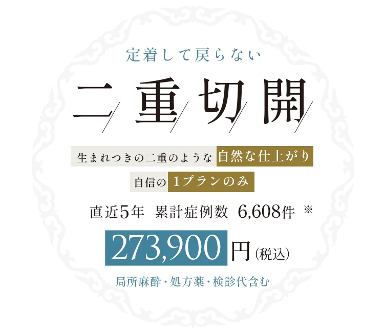 定着して戻らない 二重切開 生まれつきの二重のような自然な仕上がり 自信の1プランのみ 直近5年 累計症例数6,608件 273,900円(税込)局所麻酔・処方箋・検診代含む