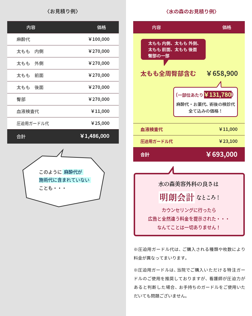 脂肪吸引お見積り 比較図　水の森美容外科の良さは明朗会計なところ！