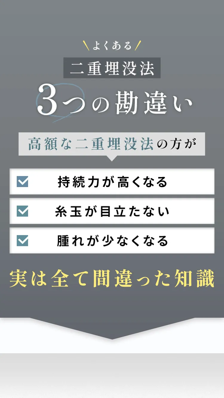 よくある二重埋没法 3つの勘違い 高額な二重埋没法の方が「持続力が高くなる」「糸玉が目立たない」「晴れが少なくなる」実はすべて間違った知識