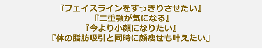 『フェイスラインをすっきりさせたい』『二重顎が気になる』『今より小顔になりたい』『体の脂肪吸引と同時に顔痩せも叶えたい』