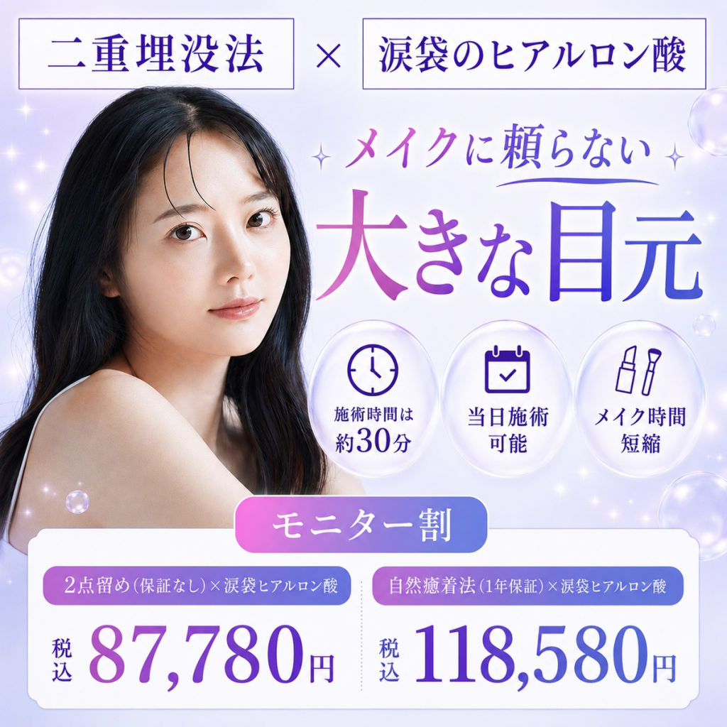 二重埋没法+涙袋のヒアルロン酸がお得なセットメニューになって新登場